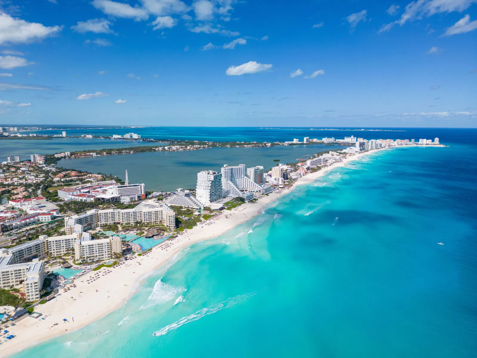 Aerial view of Cancún's hotel zone between the lagoon and the Caribbean Sea